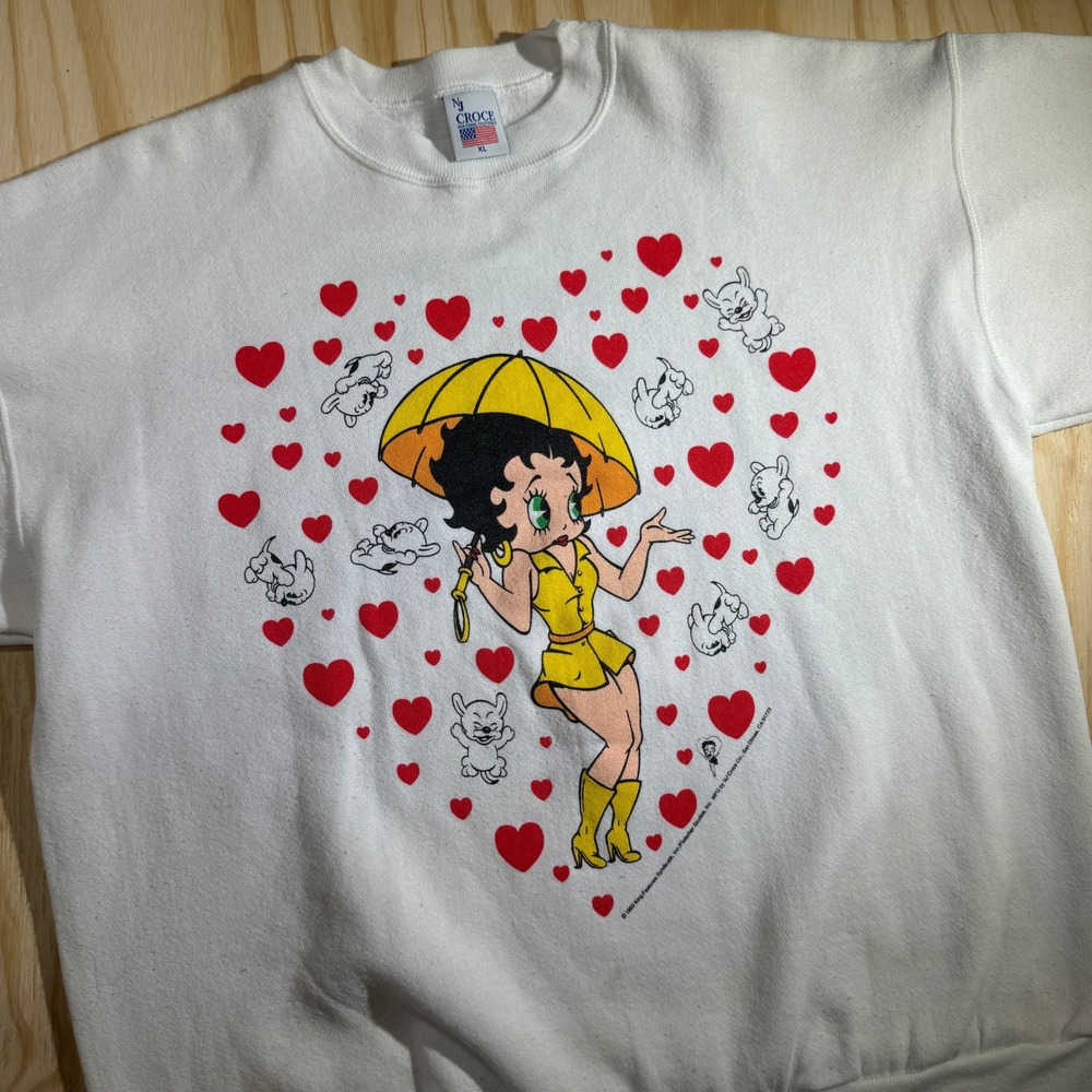 80s Vintage NJ Croce Betty Boop Heart Umbrella front back Sweatshirt White XL